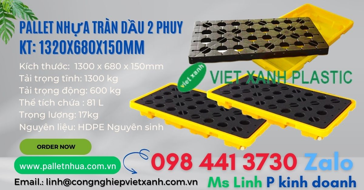 Pallet nhựa kê phuy dầu hóa chất 2 phuy cao 150mm
