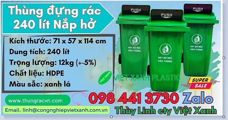 Thùng rác nhựa 240 lít  2 bánh xe – nắp kín